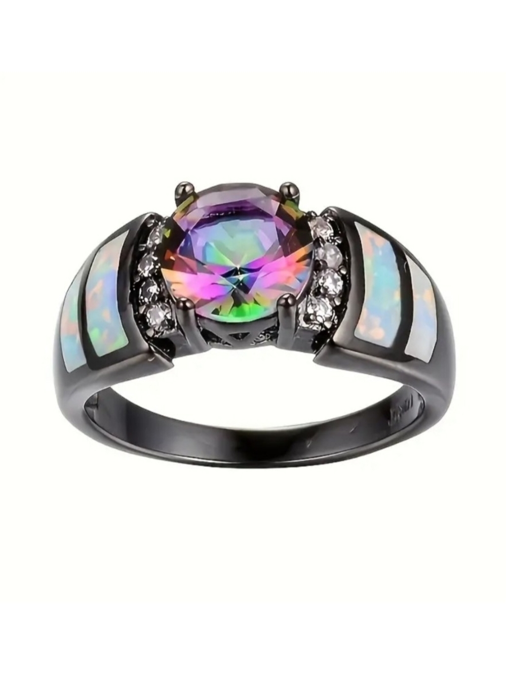 Mystic Topaz Halo Opal Accent Black Rhodium Plated Ring -